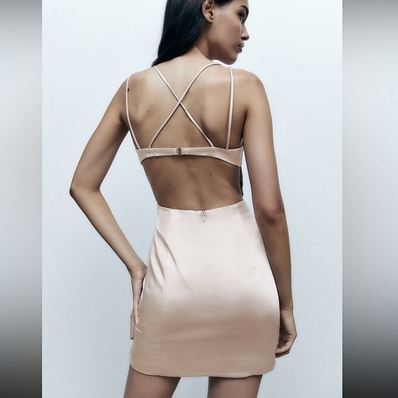 ZARA * SATIN EFFECT MINI DRESS BEIGE - Picture 5 of 11